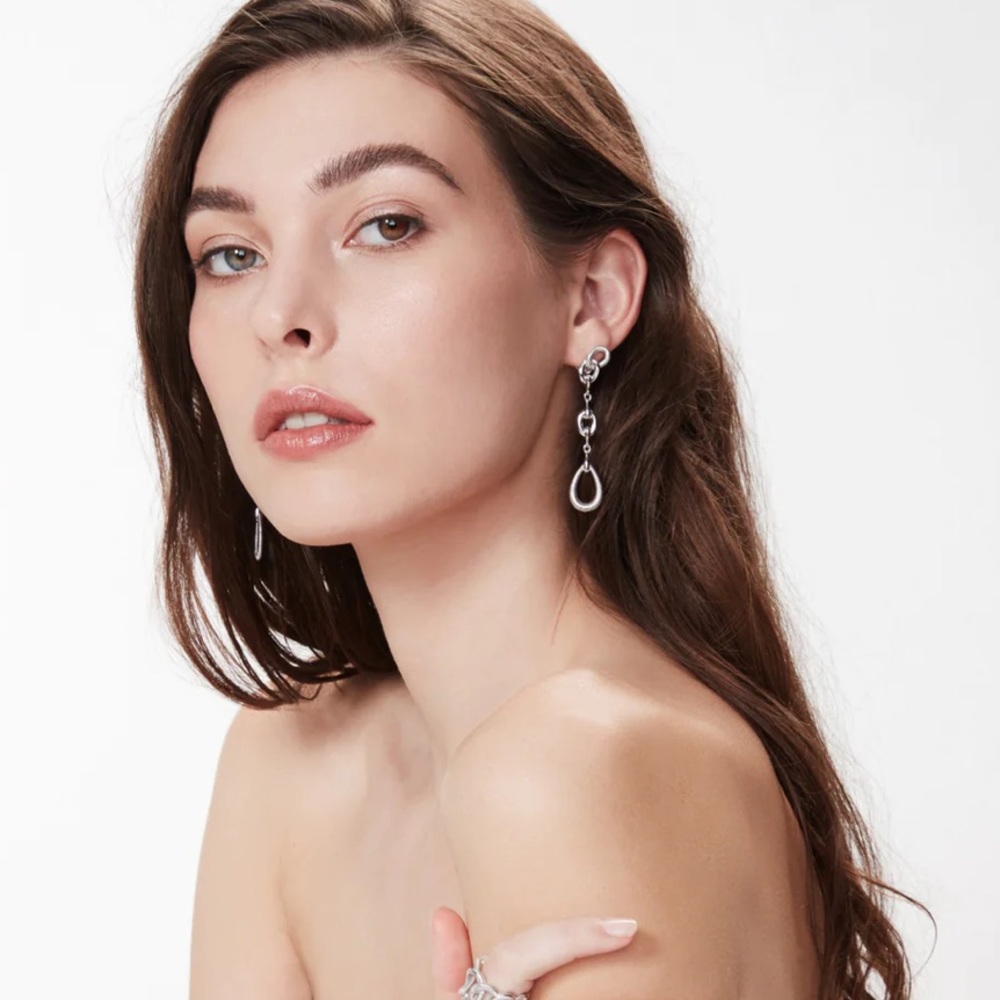 NWT Judith Ripka Eternity Linear Link Drop Sterling Silver 18K Gold Earrings - Picture 9 of 11